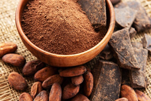 Cacao powder in a wooden bowl with cacao beans and dark chocolate pieces, representing cacao processing and premium cacao products