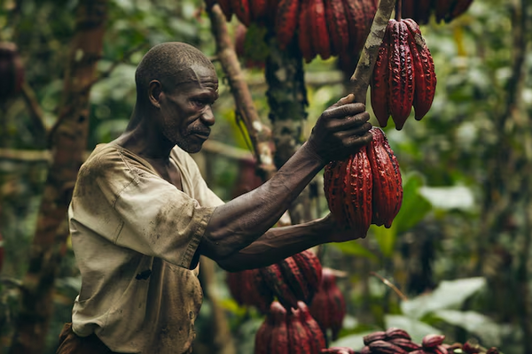 A farmer harvesting ripe red cacao pods from a tree in a tropical forest, representing single-origin cacao sourcing and ethical farming.