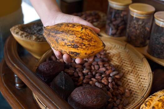 Hand holding a ripe cacao pod above cacao beans and processed cacao products, representing cacao sourcing, origin quality, and fermentation selection