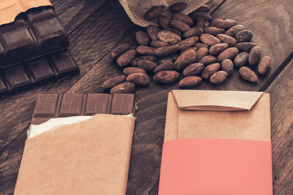 Chocolate bars and cacao beans on wooden table representing premium cacao sourcing, chocolate manufacturing, and reliable B2B cacao supply chain
