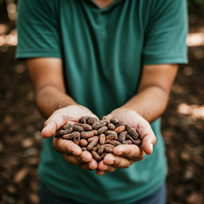 Person holding raw cacao beans in hands on a cacao farm, representing direct cacao sourcing, origin quality, and sustainable cacao supply chains