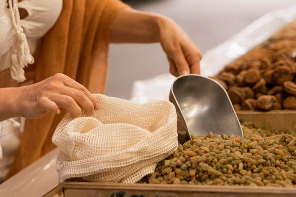 Person selecting raw cacao beans from bulk containers, representing cacao sourcing, quality assessment, and origin-based cacao selection for commercial supply