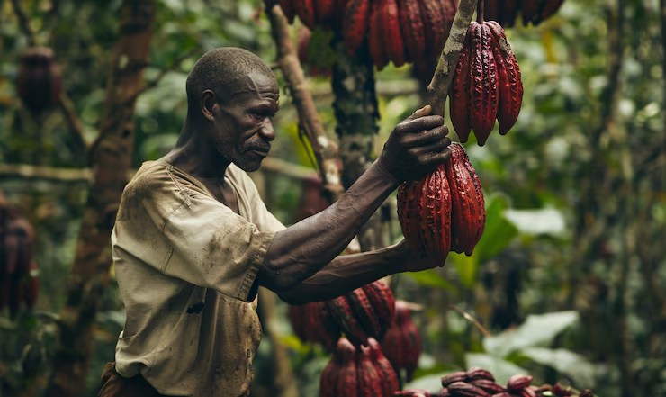Man harvesting cacao pods in a lush green forest