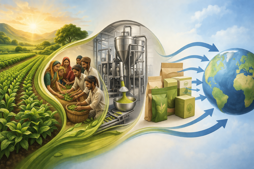 Diagram showing the process from agriculture to packaging with a focus on sustainability.