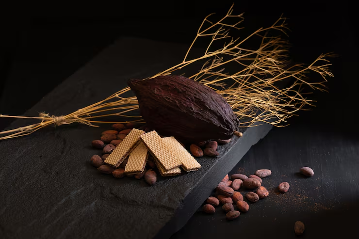 Cocoa beans, wafer cookies, and a dark chocolate bar on a dark surface with a black knife.