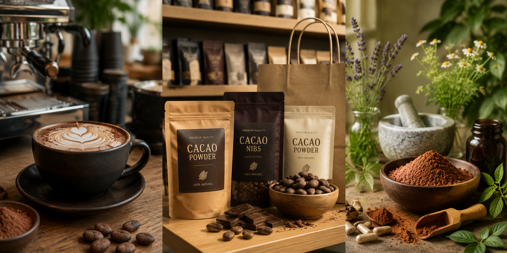 Cacao products including a cup of cacao, bags of cacao powder and nibs, and a wooden bowl with cacao beans on a wooden table.