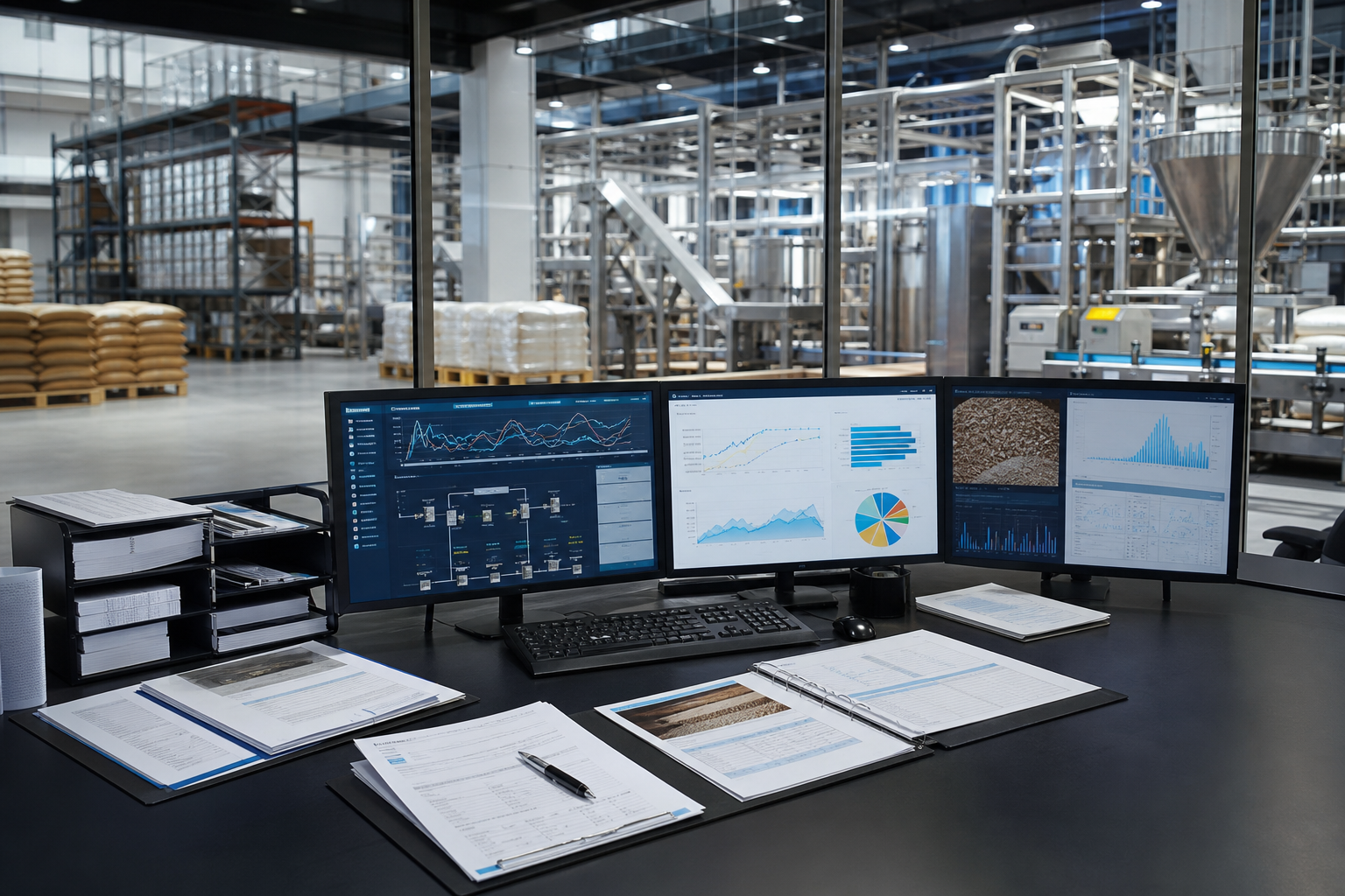 Control room with multiple computer monitors displaying factory data, with a warehouse in the background.